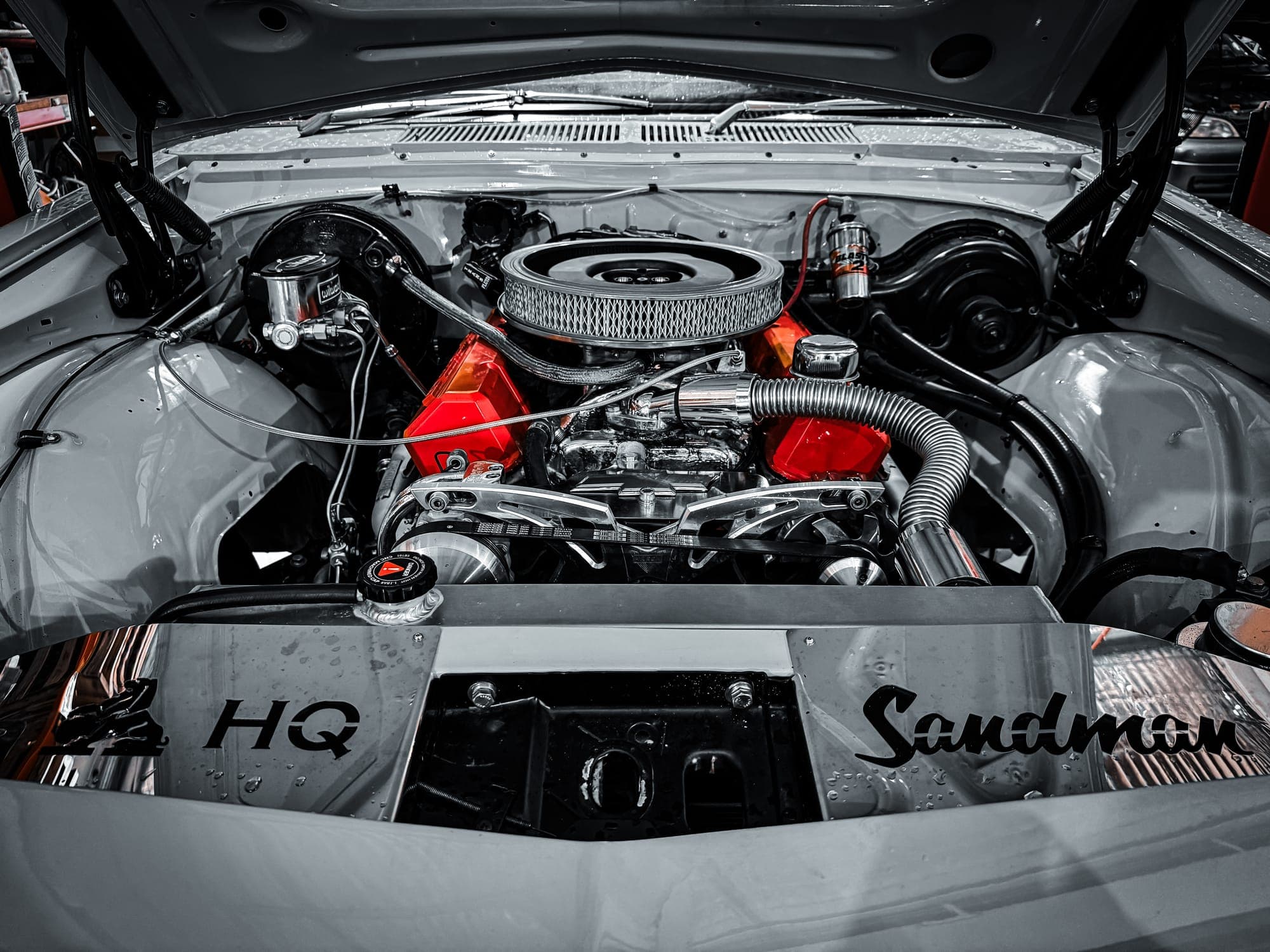 Holden HQ Sandman engine bay rebuild with chrome V8 and red rocker covers