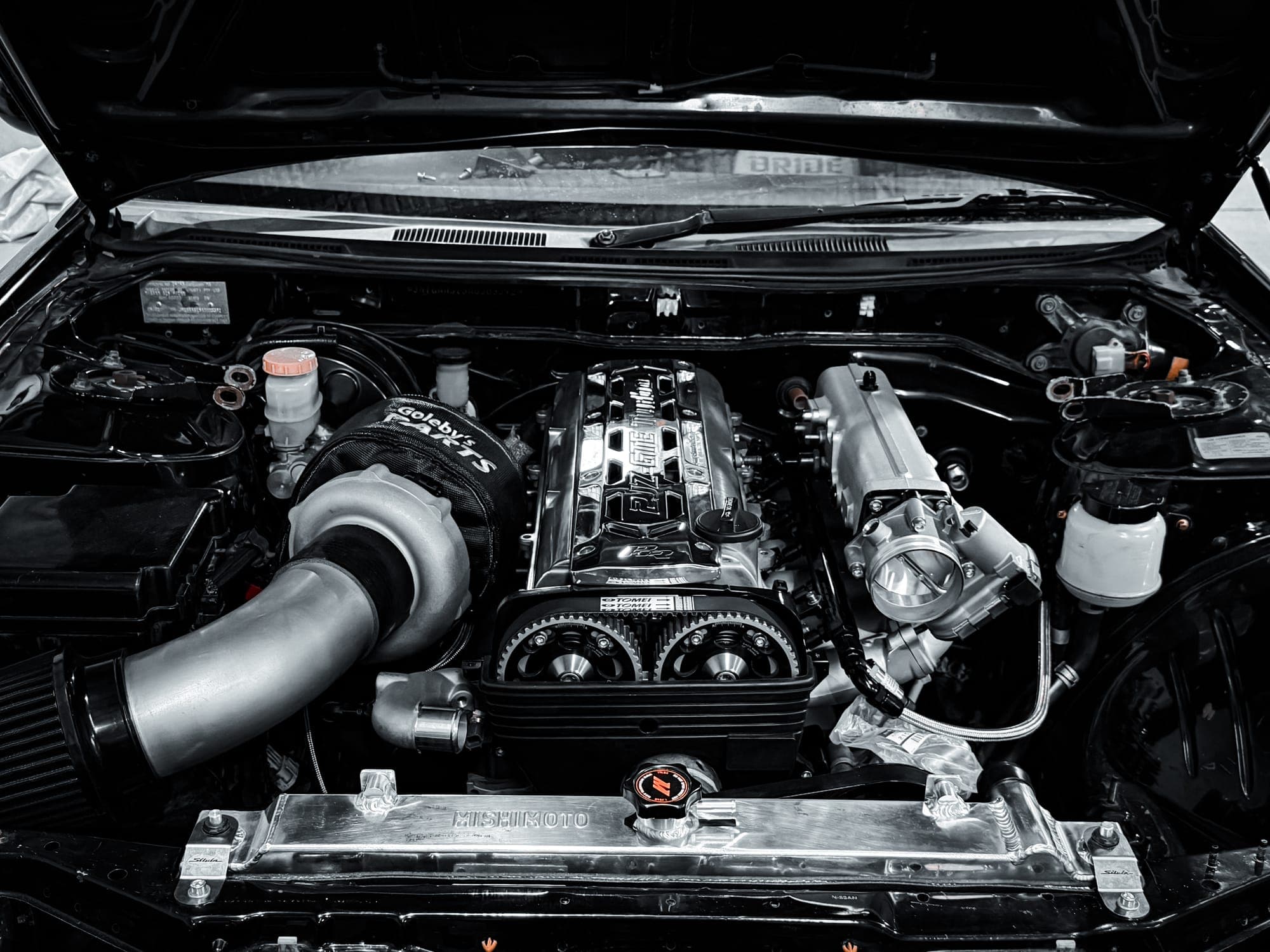 SR20DET turbo engine build with Tomei cam gears and Mishimoto radiator